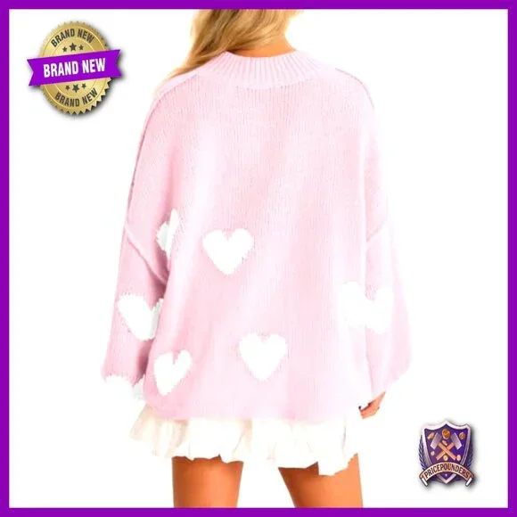 Oversized Heart Sweater Chunky Knit Mock Neck Long Sleeve Tunic Y2K - Picture 5 of 7